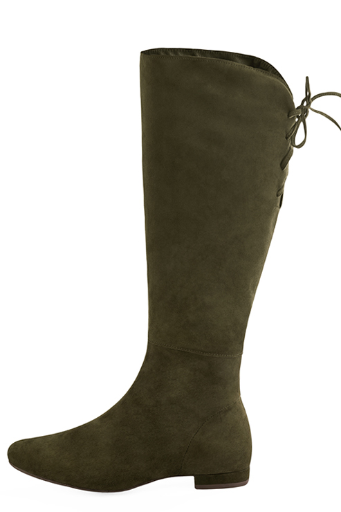 Khaki green women's knee-high boots, with laces at the back. Round toe. Flat block heels. Made to measure. Profile view - Florence KOOIJMAN